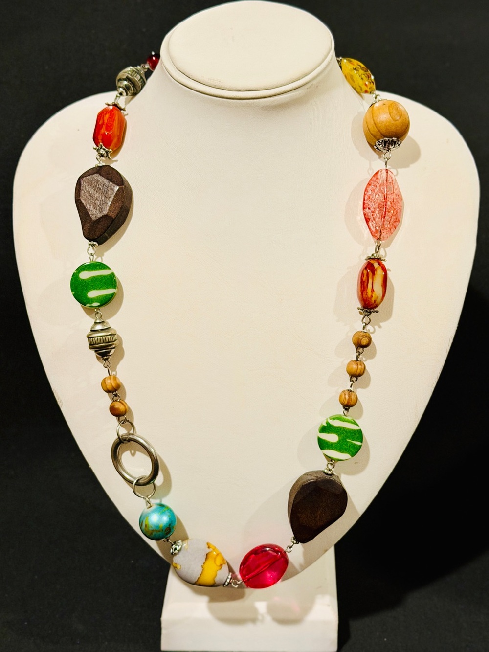 Boho Mixed Media Colorful Beaded Statement Necklace 28”